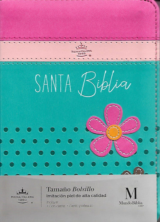 BIBLIA RVR1960 CON CIERRE TAMAÑO BOLSILLO - FLORES (TAPA IMITACIÓN PIEL)