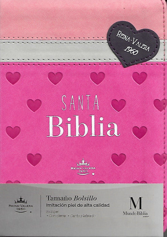 BIBLIA RVR1960 CON CIERRE TAMAÑO BOLSILLO - CORAZONES (TAPA IMITACIÓN PIEL)