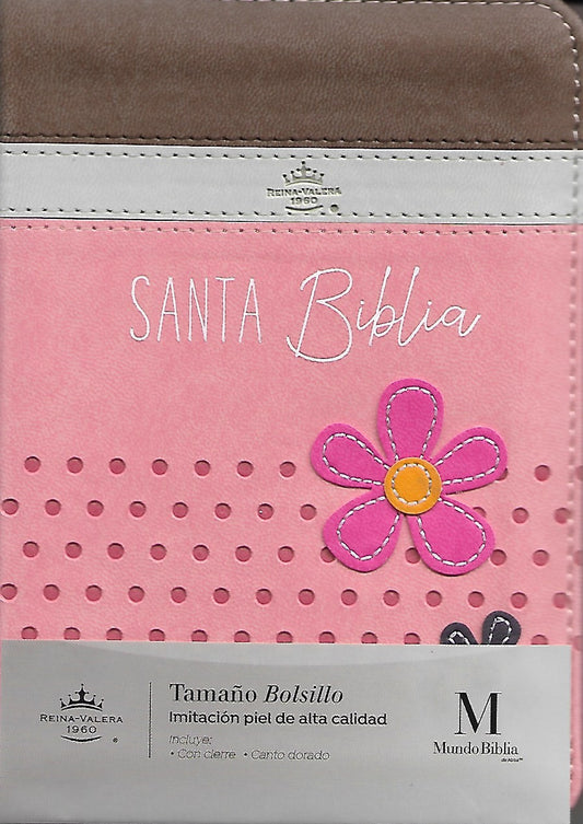 BIBLIA RVR1960 CON CIERRE TAMAÑO BOLSILLO - FLORES (TAPA IMITACIÓN PIEL)