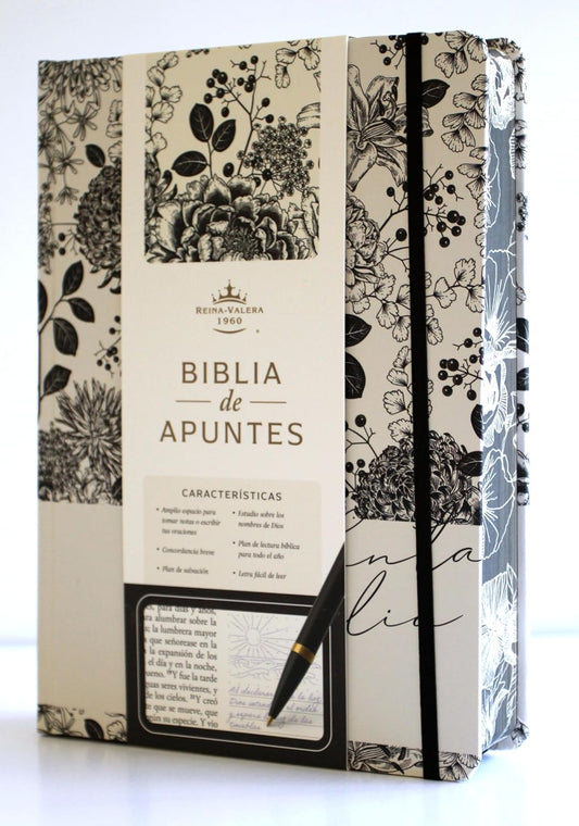 Biblia de Apuntes RVR 1960 Tapa dura, Blanco y negro con flores